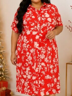 NWT Maree Pour Toi Red & White Floral Print Swiss Dot Button-Up Midi Dress Sz 26